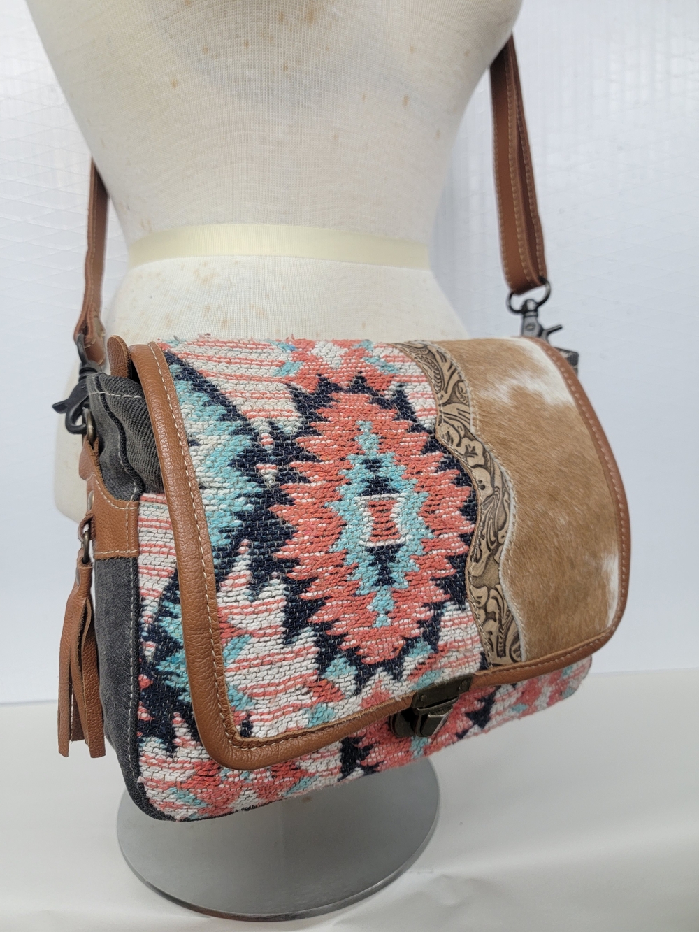 Bohemian Cowgirl Aztec Saddle Blanket , Hide & Canvas Crossbody Bag